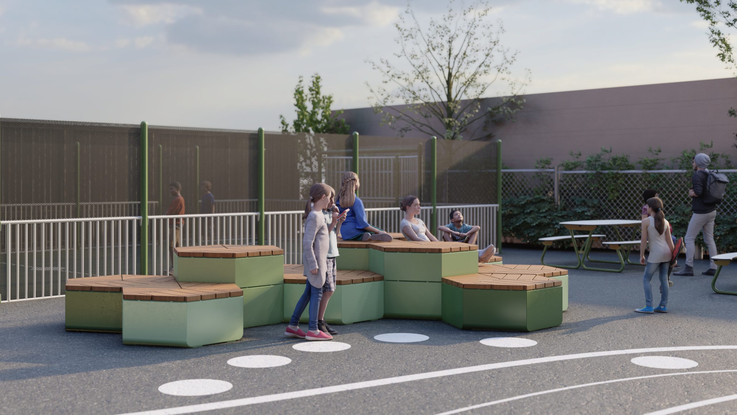 A render of a school outdoor area, with a large casual seating arrangement in green.